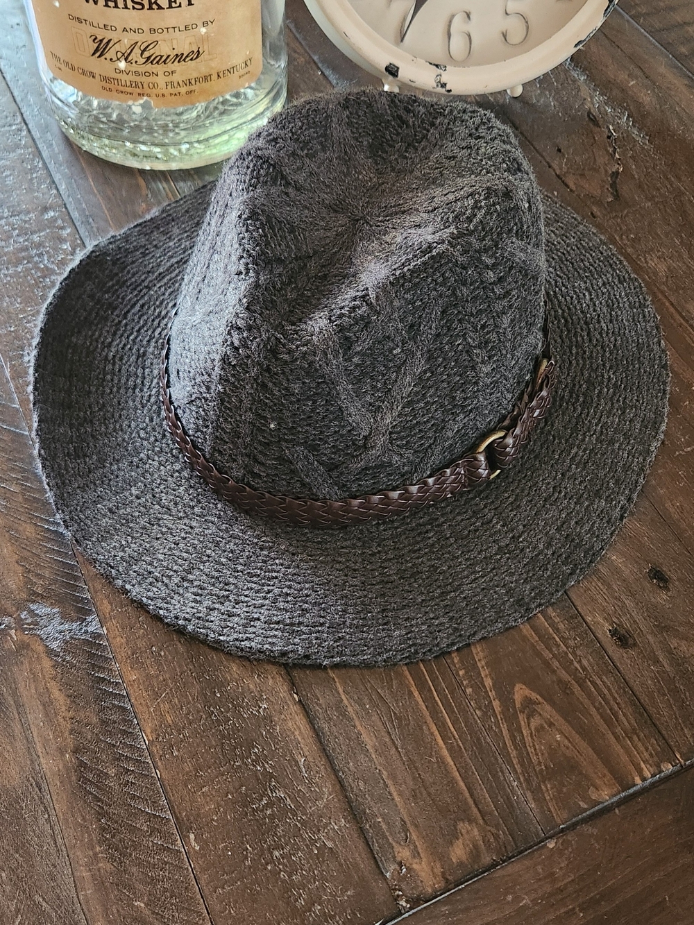 Textured Braided Band HAT/Fedora - Charcoal Gray Hat, w/brown Belt. One Size Fit